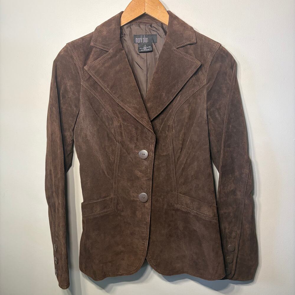 VTG 90s Y2K Mark Alan Jacket Blazer Brown Suede Leather 2 Button Lined Pockets S